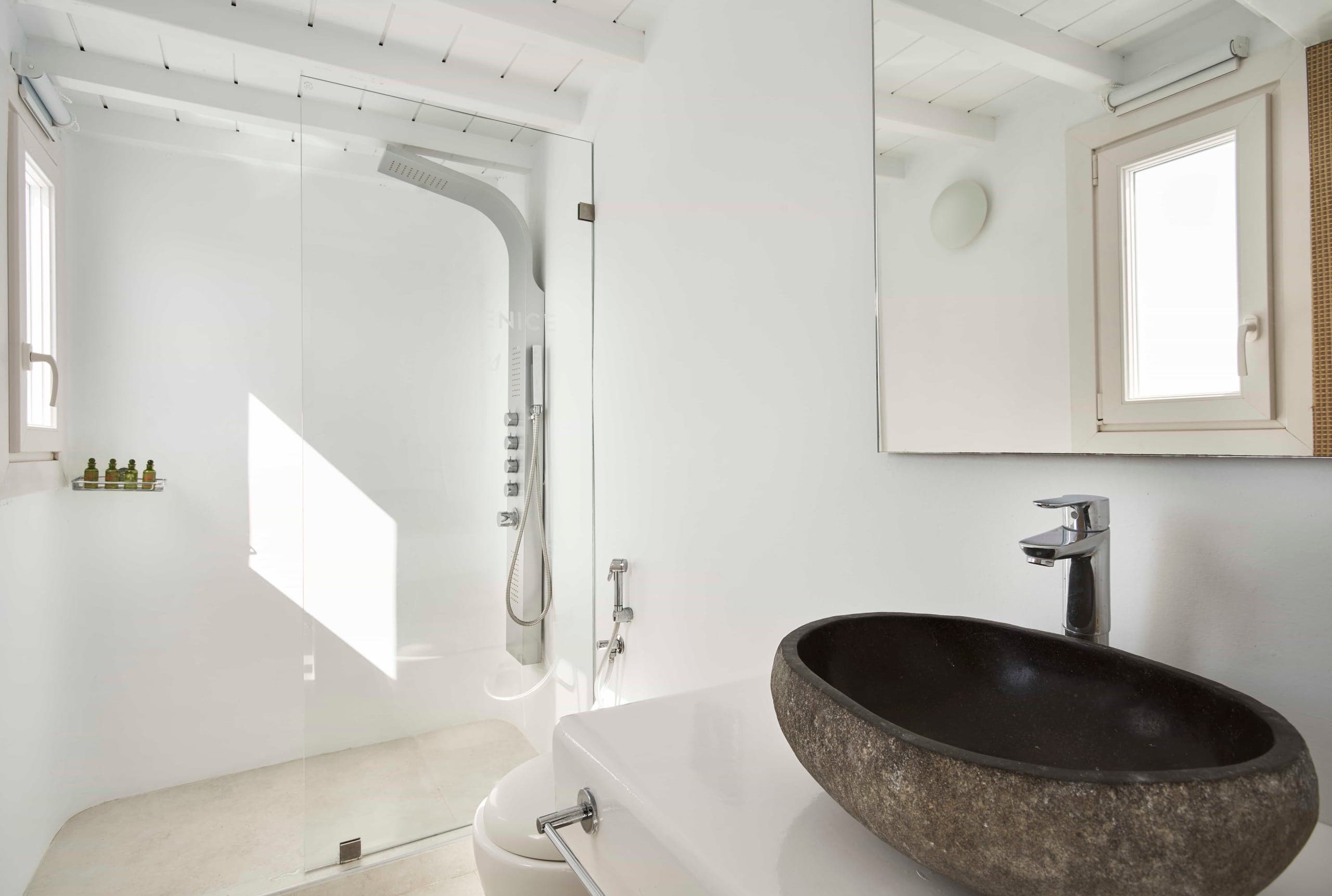 Bathroom with stone basin and walk-in shower
